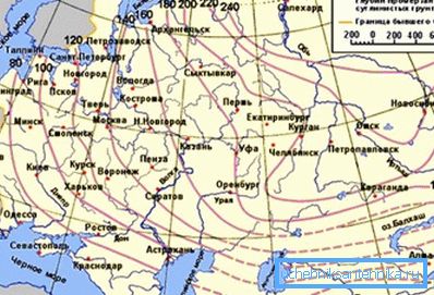 Karta prikazuje vrijednosti dubine smrzavanja za različite regije post-sovjetskog prostora (srednje vrijednosti se određuju interpolacijom) Karta prikazuje vrijednosti dubine smrzavanja za različite regije post-sovjetskog prostora (srednje vrijednosti se određuju interpolacijom)