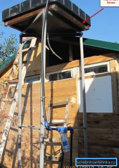 Ravni spremnik na zasebnom okviru. Ispod - crijevo s autonomnom pumpom za vodoopskrbu Ravni spremnik na zasebnom okviru. Ispod - crijevo s autonomnom pumpom za vodoopskrbu